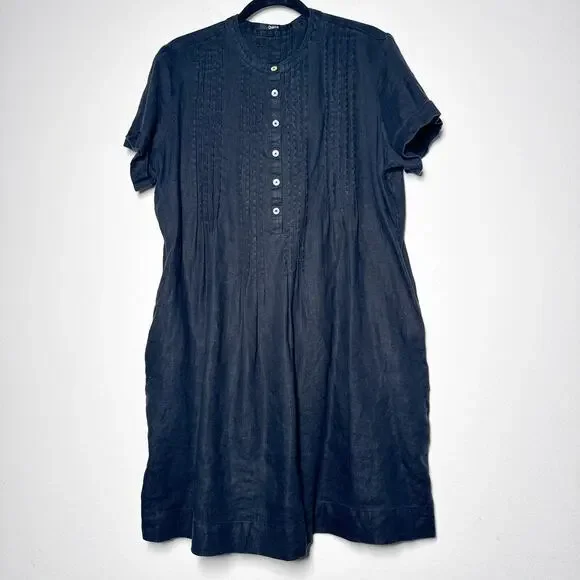 Quince Black Linen Swing Dress Pleated Short Sleeve S - Picture 3 of 9